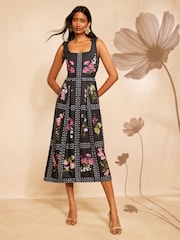 Love & Roses x RHS Black Floral Petite Bow Shoulder Tie Midi Dress - Image 1 of 4