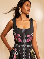 Love & Roses x RHS Black Floral Petite Bow Shoulder Tie Midi Dress - Image 2 of 4