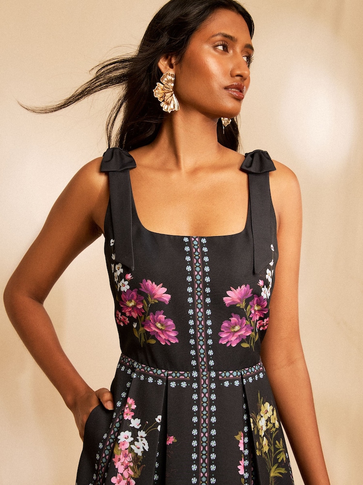 Love & Roses x RHS Black Floral Petite Bow Shoulder Tie Midi Dress - Image 2 of 4 Love & Roses x RHS Black Floral Petite Bow Shoulder Tie Midi Dress - Image 2 of 4