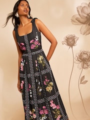 Love & Roses x RHS Black Floral Petite Bow Shoulder Tie Midi Dress - Image 3 of 4