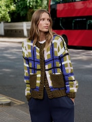 Green/Blue Check Hand Knit Chunky Cardigan With Pockets - Image 1 of 5