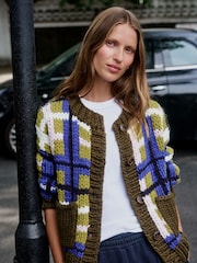 Green/Blue Check Hand Knit Chunky Cardigan With Pockets - Image 3 of 5