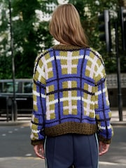 Green/Blue Check Hand Knit Chunky Cardigan With Pockets - Image 4 of 5