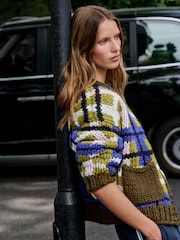 Green/Blue Check Hand Knit Chunky Cardigan With Pockets - Image 5 of 5