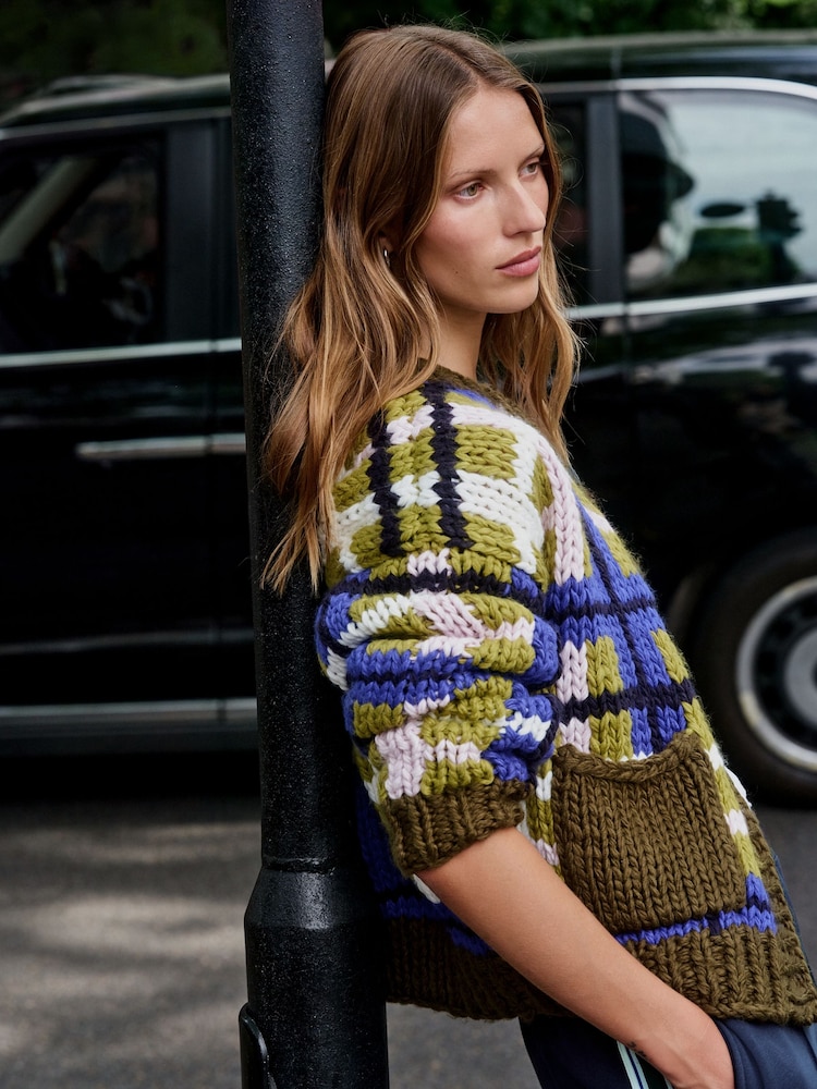 Green/Blue Check Hand Knit Chunky Cardigan With Pockets - Image 5 of 5