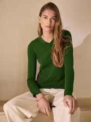 Forest Green Lightweight Merino Wool V-Neck Jumper - Image 1 of 6