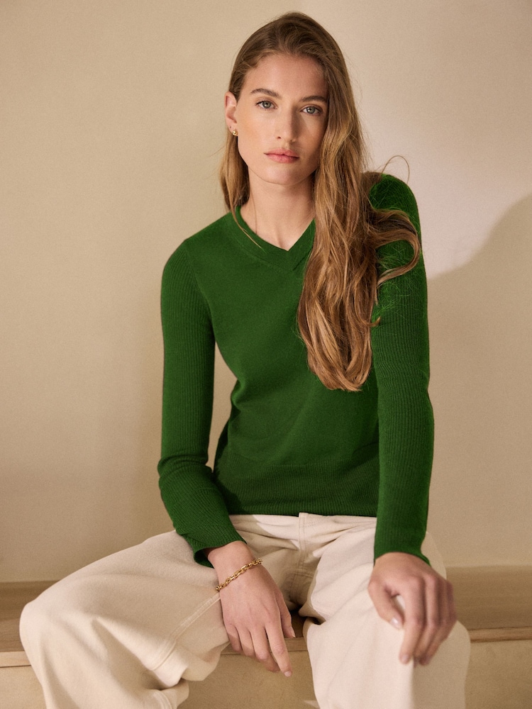 Forest Green Lightweight Merino Wool V-Neck Jumper - Image 1 of 6