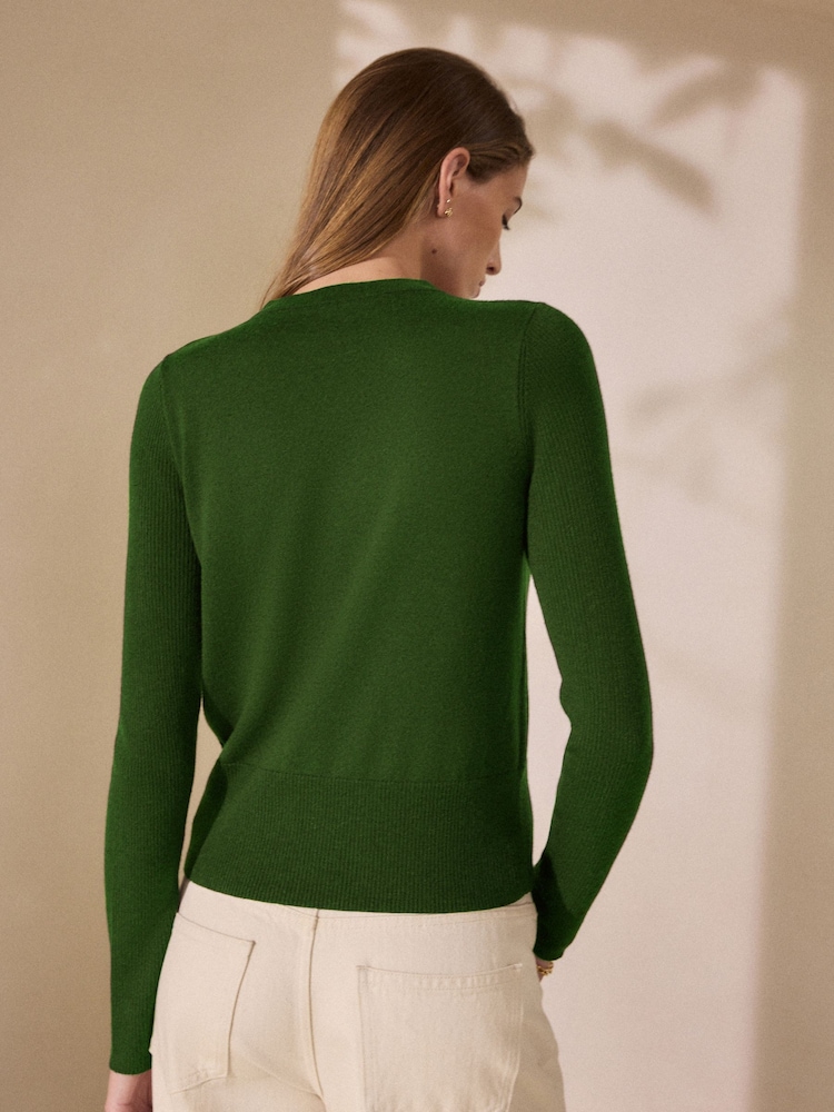 Forest Green Lightweight Merino Wool V-Neck Jumper - Image 2 of 6