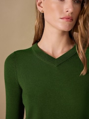 Forest Green Lightweight Merino Wool V-Neck Jumper - Image 3 of 6