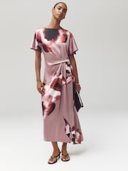 Pink Floral Print Textured Satin Short Sleeve Side Hitch Midi Dress - Image 1 of 7