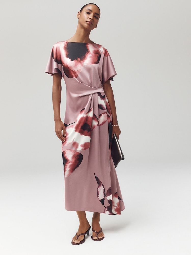 Pink Floral Print Textured Satin Short Sleeve Side Hitch Midi Dress - Image 1 of 7 Pink Floral Print Textured Satin Short Sleeve Side Hitch Midi Dress - Image 1 of 7