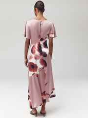 Pink Floral Print Textured Satin Short Sleeve Side Hitch Midi Dress - Image 2 of 7