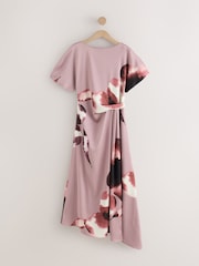 Pink Floral Print Textured Satin Short Sleeve Side Hitch Midi Dress - Image 4 of 7