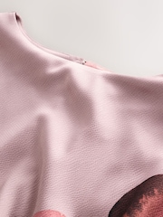 Pink Floral Print Textured Satin Short Sleeve Side Hitch Midi Dress - Image 5 of 7