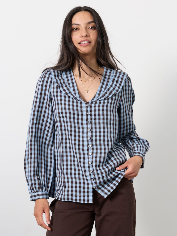 FatFace Alba Blue Petite Gingham Blouse - Image 1 of 4 FatFace Alba Blue Petite Gingham Blouse - Image 1 of 4