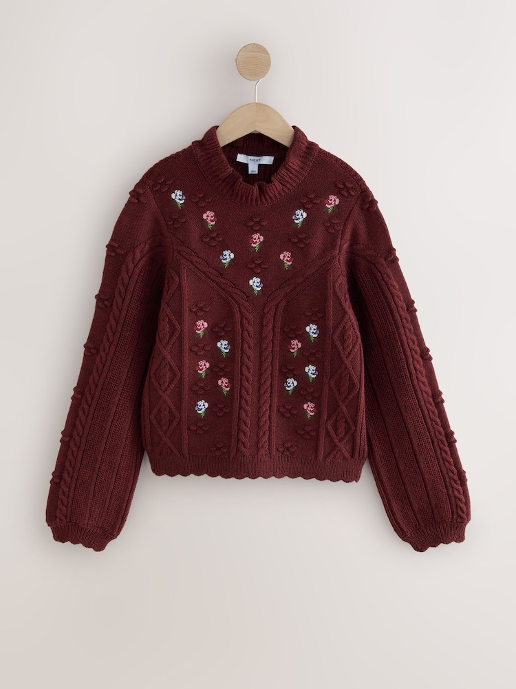 Beerenrot - Cable Knit Floral Embroidered Frill Neck Jumper - Bild 1 von 3