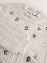 Ecru - Cable Knit Floral Embroidered Frill Neck Jumper - Bild 2 von 7