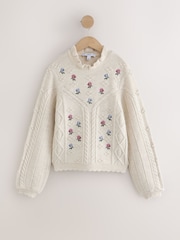 Ecru - Cable Knit Floral Embroidered Frill Neck Jumper - Bild 5 von 7