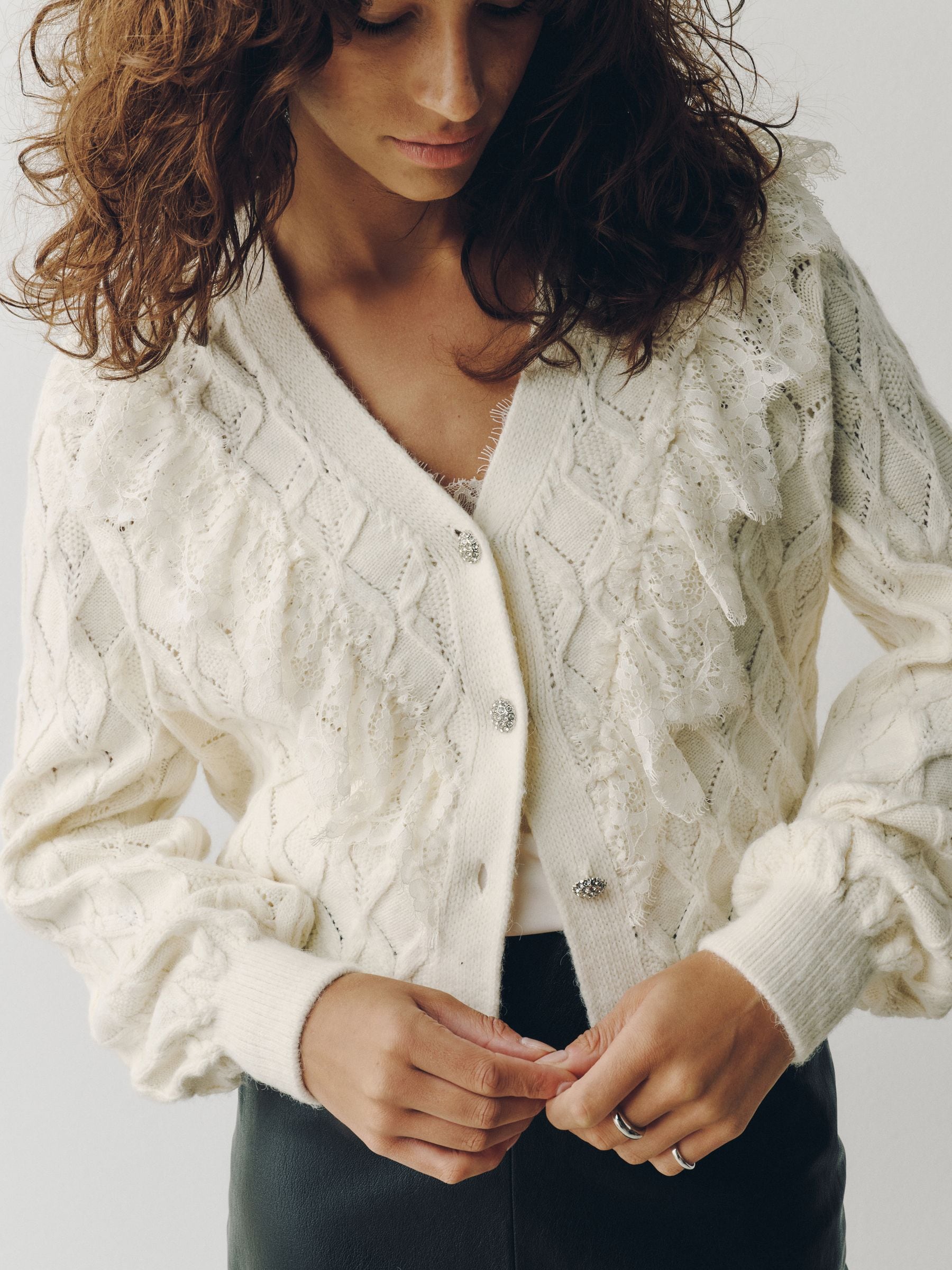 Buy Ecru Lace Trim Gem Button Long Sleeve Cardigan from Next USA