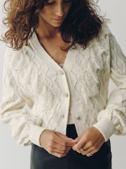 Ecru Lace Trim Gem Button Long Sleeve Cardigan - Image 1 of 8