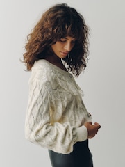 Ecru Lace Trim Gem Button Long Sleeve Cardigan - Image 4 of 8