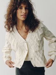Ecru Lace Trim Gem Button Long Sleeve Cardigan - Image 5 of 8