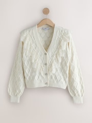 Ecru Lace Trim Gem Button Long Sleeve Cardigan - Image 6 of 8
