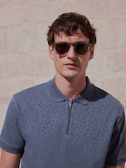 Grey Slate Zip Neck N. Premium Smart Jaquard Polo Shirt - Image 1 of 8