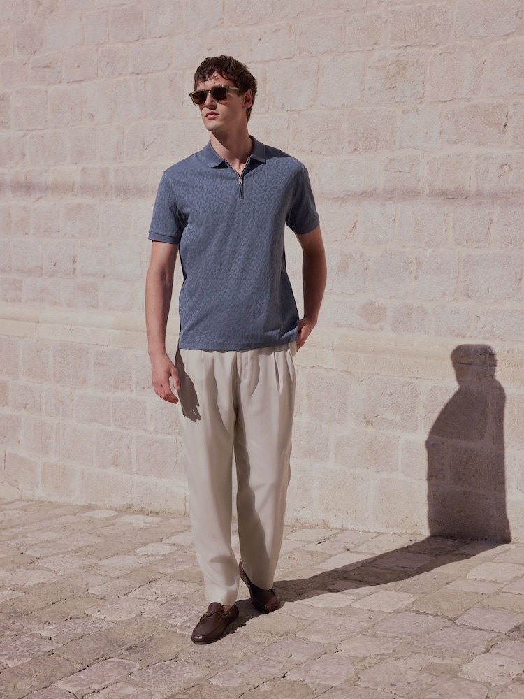 Grey Slate Zip Neck N. Premium Smart Jaquard Polo Shirt - Image 2 of 8 Grey Slate Zip Neck N. Premium Smart Jaquard Polo Shirt - Image 2 of 8