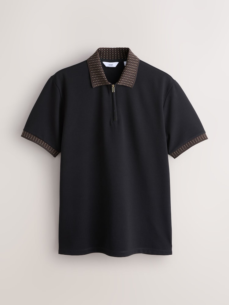 Black Zip Neck Short Sleeve Smart Collar Polo Shirt - Image 1 of 3 Black Zip Neck Short Sleeve Smart Collar Polo Shirt - Image 1 of 3