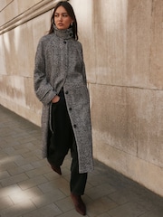 Chocolate Brown Textured Herringbone Funnel Neck Longline Coat With Wool - Image 1 of 10