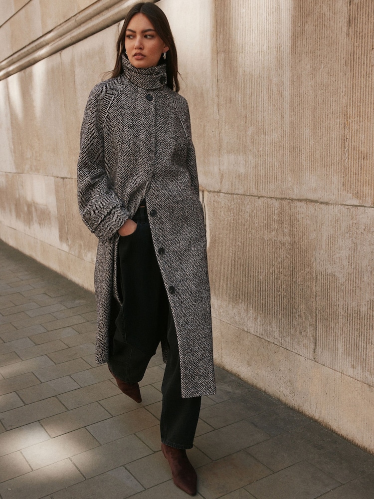 Chocolate Brown Textured Herringbone Funnel Neck Longline Coat With Wool - Image 1 of 10
