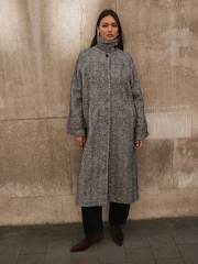Chocolate Brown Textured Herringbone Funnel Neck Longline Coat With Wool - Image 2 of 10