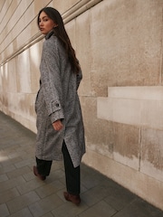 Chocolate Brown Textured Herringbone Funnel Neck Longline Coat With Wool - Image 3 of 10
