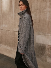 Chocolate Brown Textured Herringbone Funnel Neck Longline Coat With Wool - Image 4 of 10