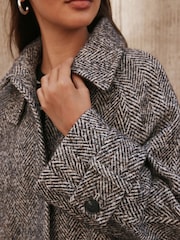 Chocolate Brown Textured Herringbone Funnel Neck Longline Coat With Wool - Image 5 of 10