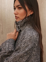 Chocolate Brown Textured Herringbone Funnel Neck Longline Coat With Wool - Image 6 of 10