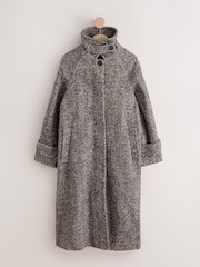 Chocolate Brown Textured Herringbone Funnel Neck Longline Coat With Wool - Image 7 of 10