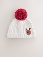 White Embroidered Knitted Christmas Reindeer Pom Baby Hat (0mths-3yrs) - Image 1 of 3