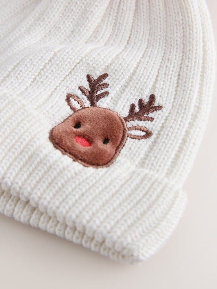 White Embroidered Knitted Christmas Reindeer Pom Baby Hat (0mths-3yrs) - Image 3 of 3
