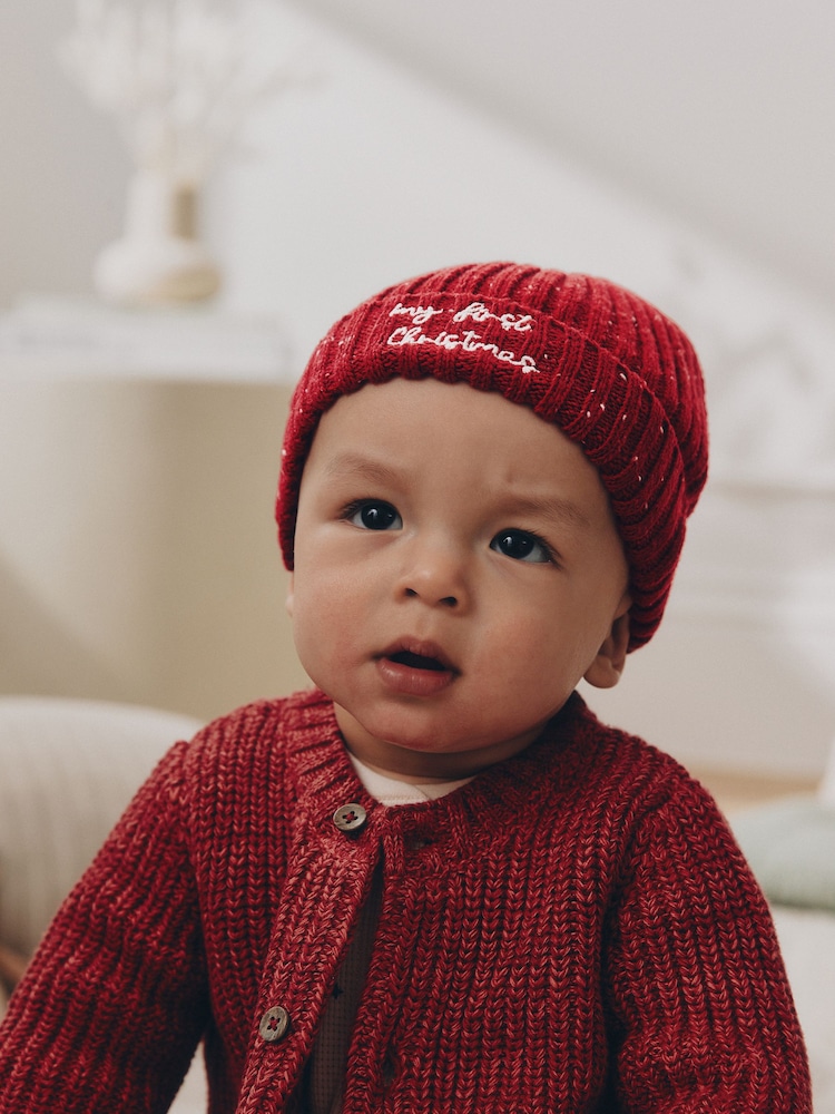 Red My First Christmas Embroidered Knitted Beanie Baby Hat (0mths-2yrs) - Image 1 of 5 Red My First Christmas Embroidered Knitted Beanie Baby Hat (0mths-2yrs) - Image 1 of 5