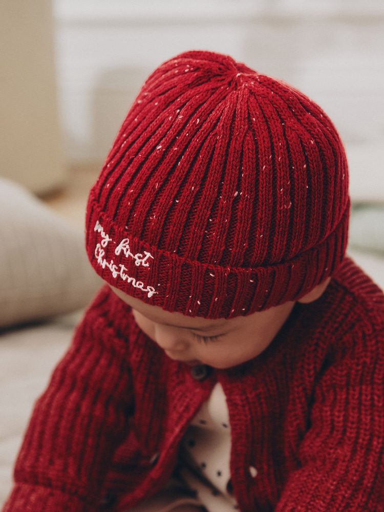 Red My First Christmas Embroidered Knitted Beanie Baby Hat (0mths-2yrs) - Image 2 of 5 Red My First Christmas Embroidered Knitted Beanie Baby Hat (0mths-2yrs) - Image 2 of 5