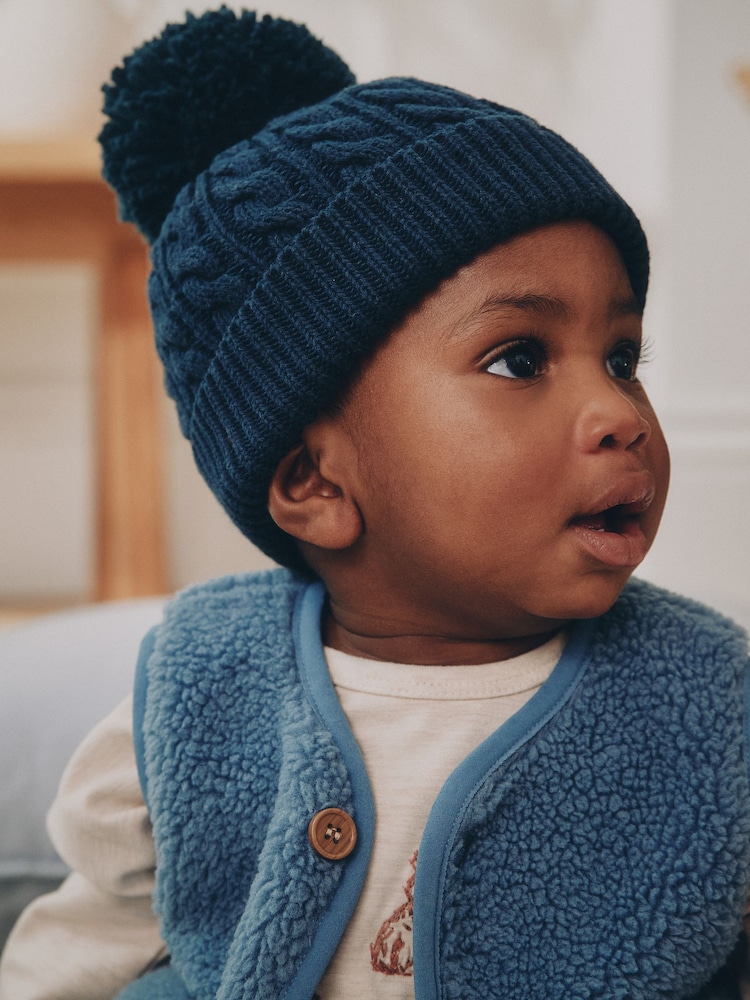Navy Blue Knitted Cable Pom Baby Hat - Image 1 of 5 Navy Blue Knitted Cable Pom Baby Hat - Image 1 of 5