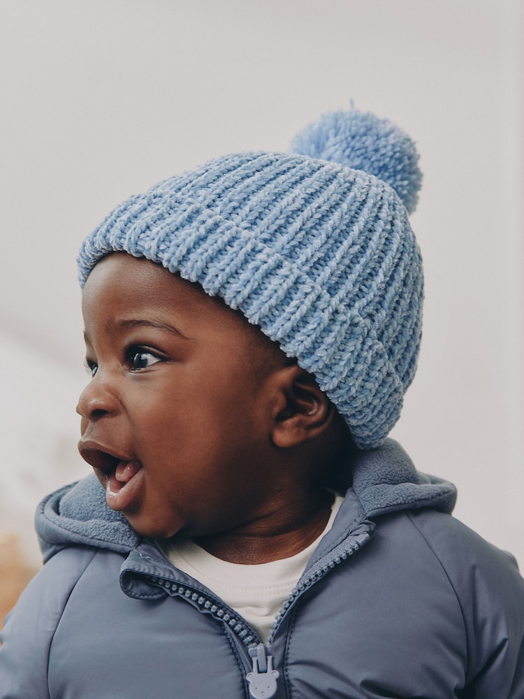 Blue Chenille Knitted Pom Baby Hat - Image 1 of 4 Blue Chenille Knitted Pom Baby Hat - Image 1 of 4