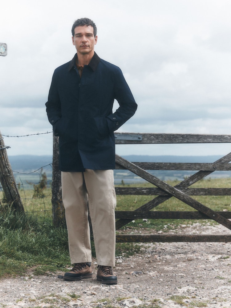 Navy Cotton Trench Coat with Corduroy Trim Collar - Image 2 of 8 Navy Cotton Trench Coat with Corduroy Trim Collar - Image 2 of 8