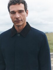Navy Cotton Trench Coat with Corduroy Trim Collar - Image 3 of 8