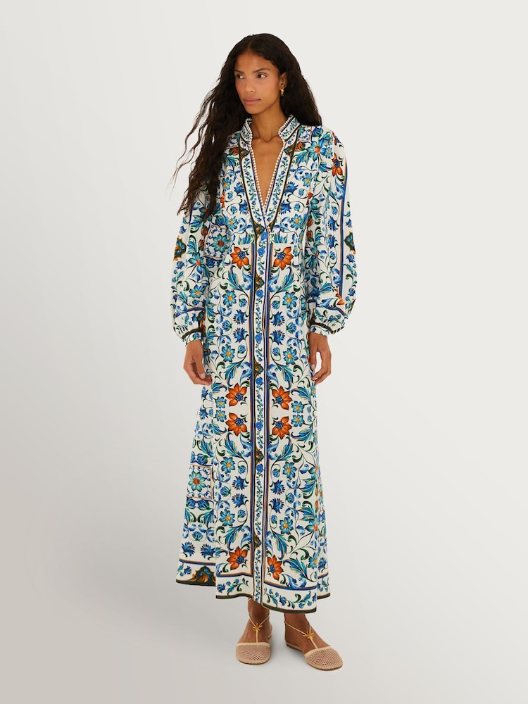 Farm Rio Blue Flora Tile Off-White Maxi Dress - Image 1 of 3