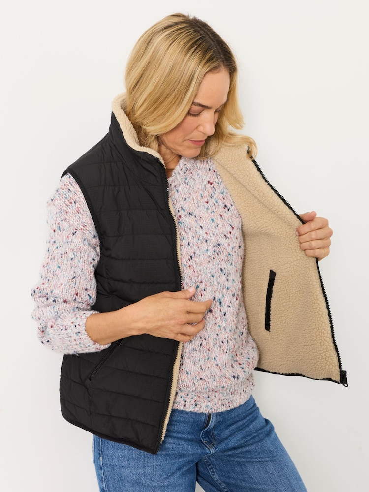FatFace Luna Reversible Black Padded Borg Fleece Gilet - Image 1 of 8 FatFace Luna Reversible Black Padded Borg Fleece Gilet - Image 1 of 8