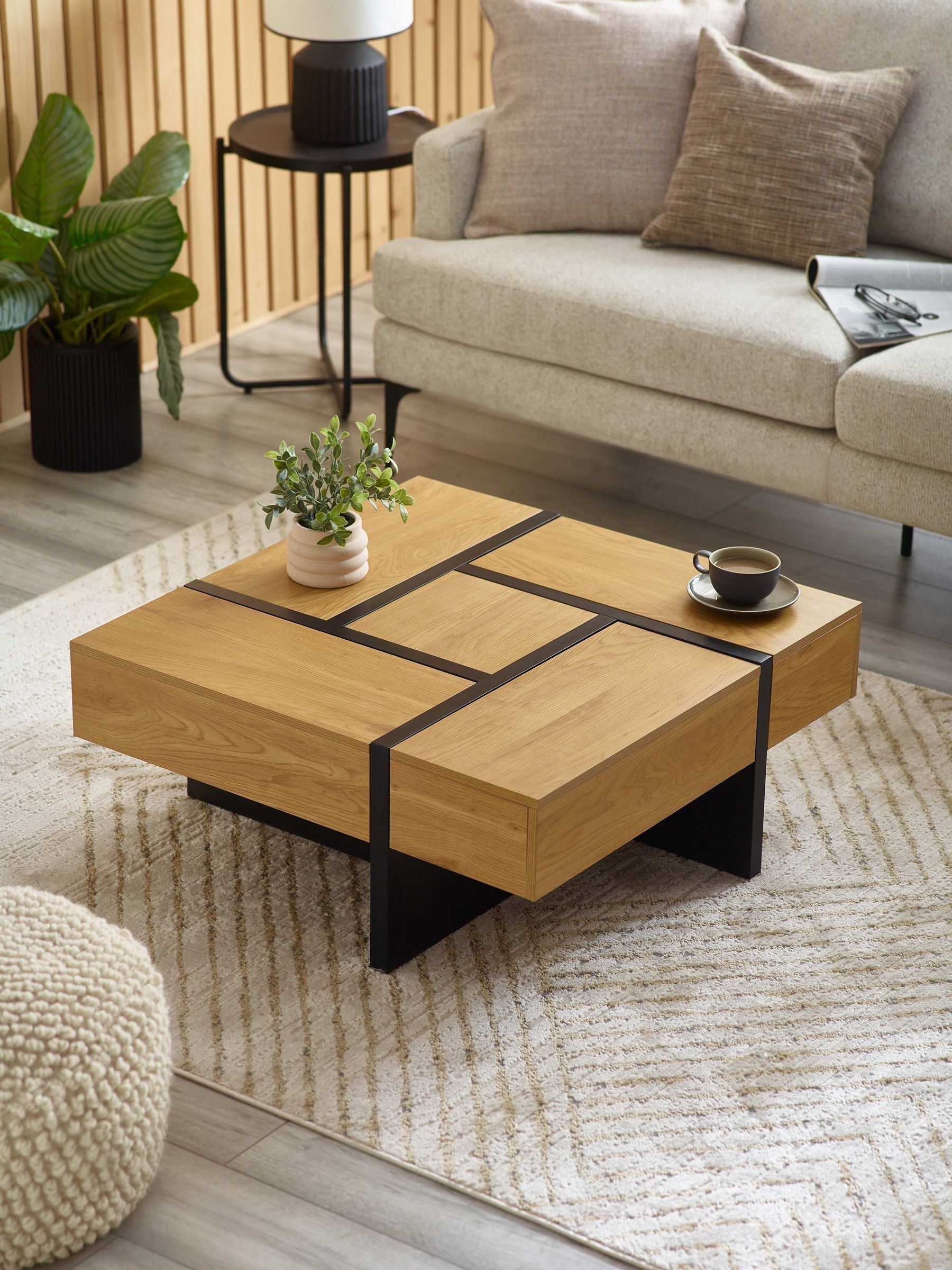 Julian Bowen Tahoe Coffee Table - Storage Living Room Table with 4 Drawers, Square Modern Black and Oak Effect Furniture - W 80 x H 34cm - Image 4
