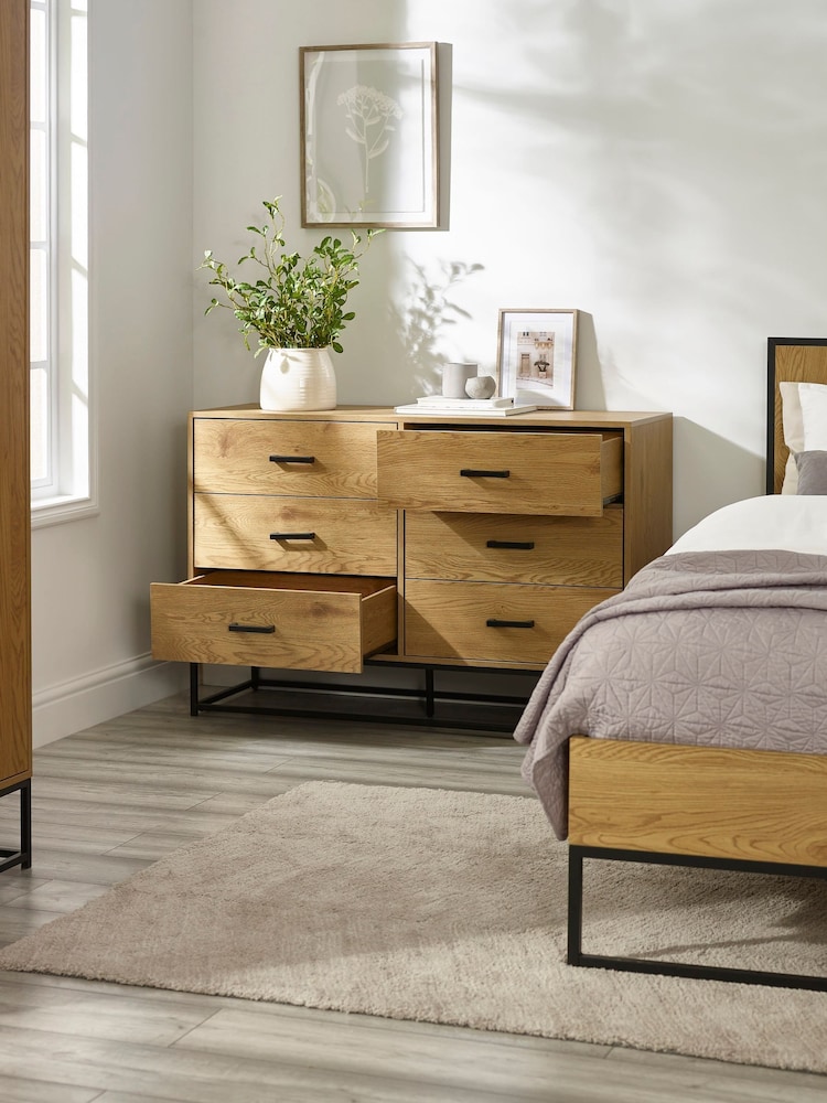 Julian Bowen Light Oak Effect Black Harlow 6 Drawer Wide Chest - Image 2 of 7